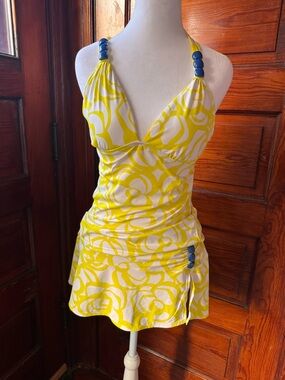 Perry Ellis Bathing Suit-Yellow and White Floral Two-Piece Swimwear